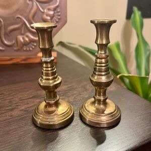 Early Antique Pair Of Brass Small Candlesticks Beehive Victorian Sand Cast